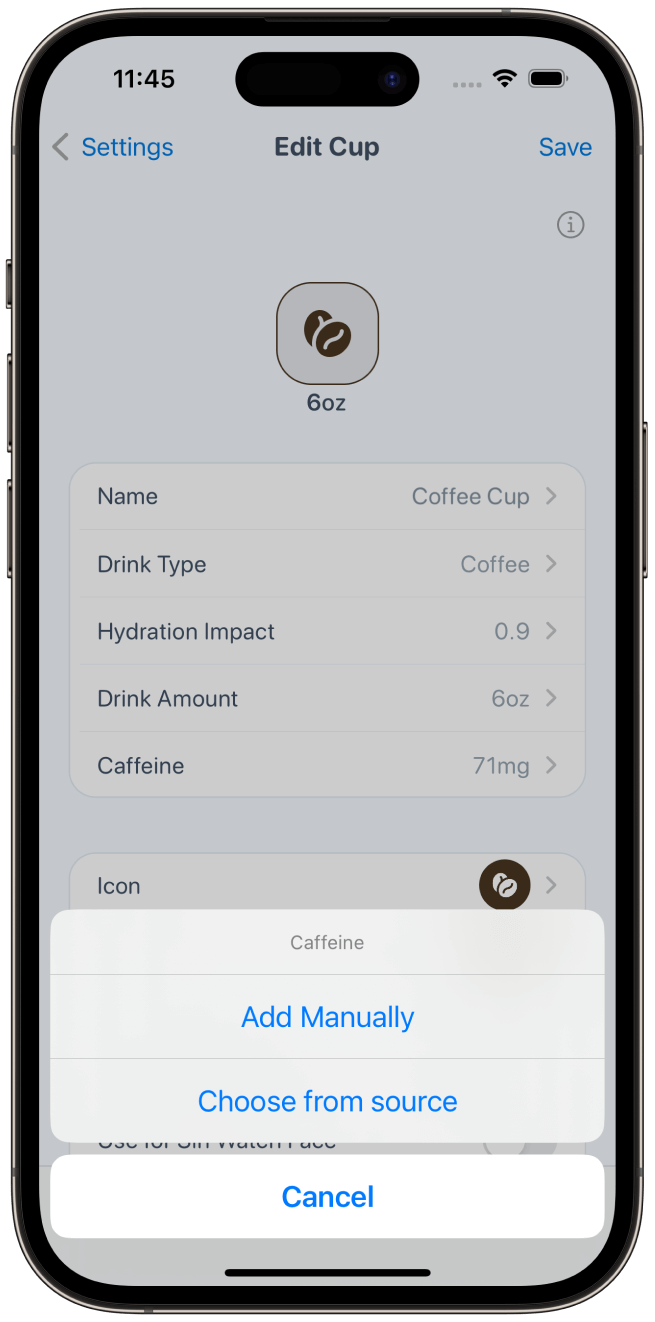 add caffein intake manually 